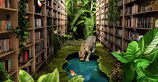 leopard in a library